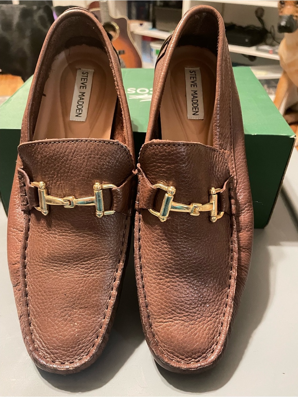Steve Madden Brown Leather Loafers with Gold Bit Hardware